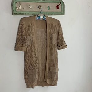 Jaclyn Smith Open Knit Khaki Cargo Cardigan small tan women’s top